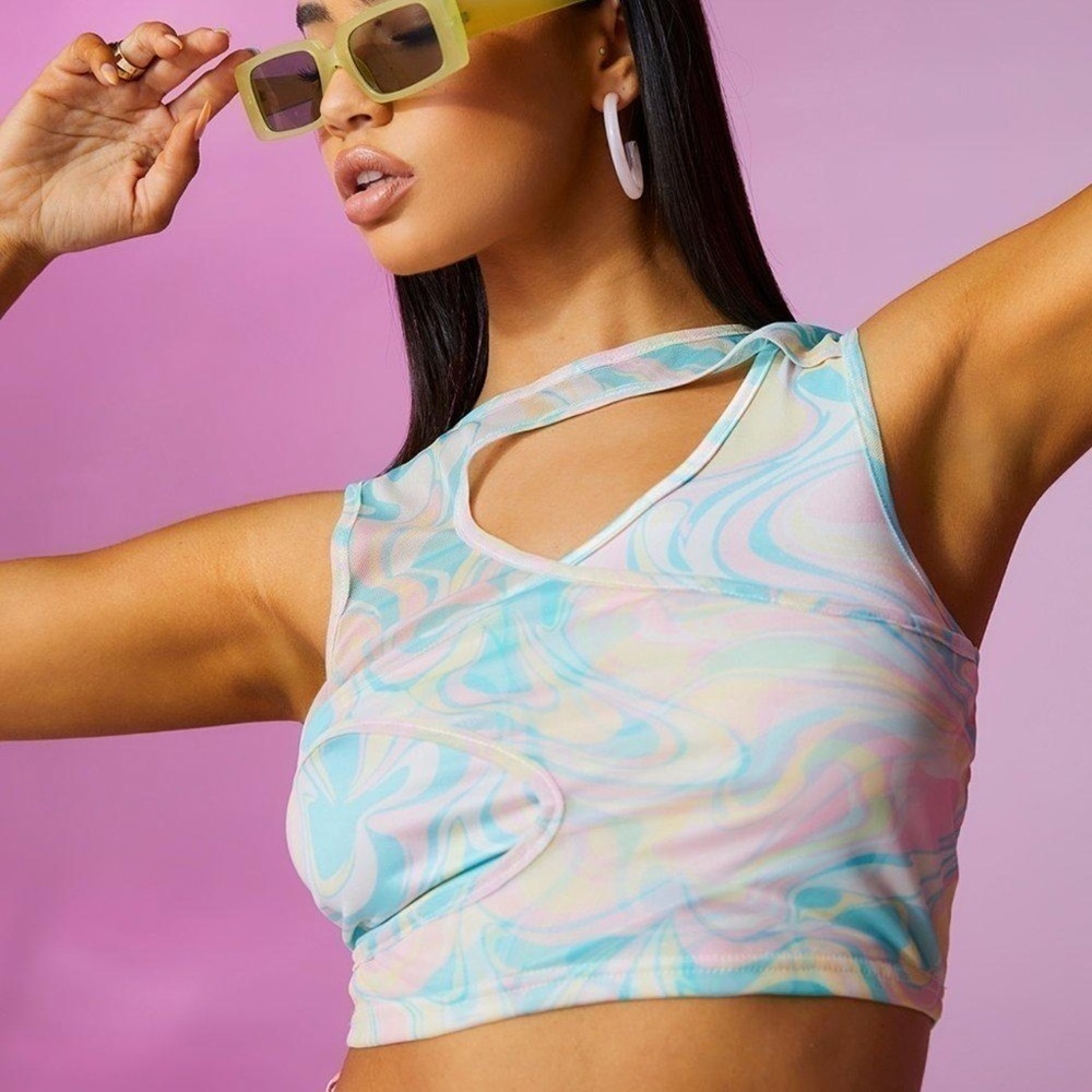 NWT Boohoo MESH OVERLAY PRINTED CUT OUT CROP TOP watercolor women size 8